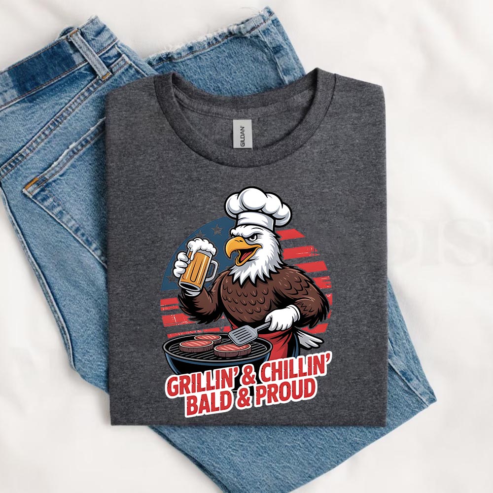 Grillin’ & Chillin’, Bald & Proud T-Shirt – Patriotic Bald Eagle BBQ Vintage Tee Adorb.co